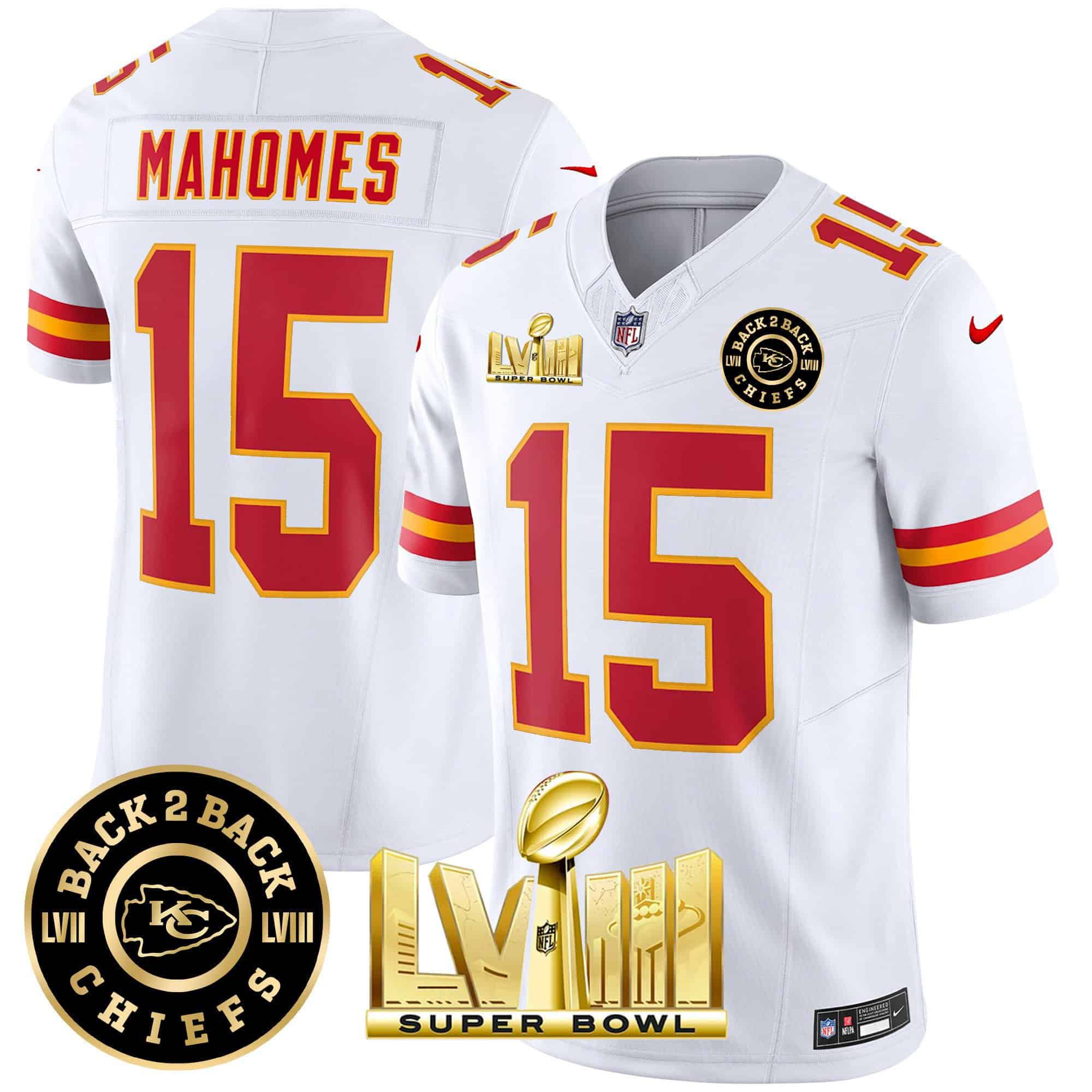 Men Kansas City Chiefs #15 Mahomes White 2024 Nike Super Bowl LVIII & Back-2-Back Patch Vapor NFL Jersey->indianapolis colts->NFL Jersey